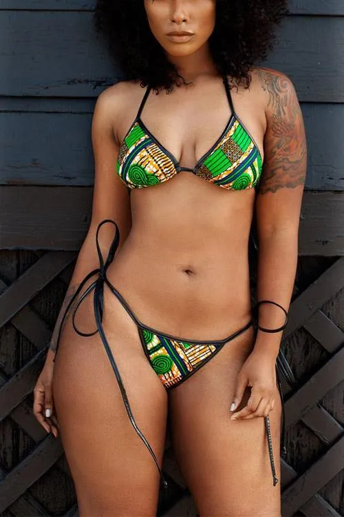 Custom Halter Floral Print Backless Wireless Sleeveless Green Bikini Set
