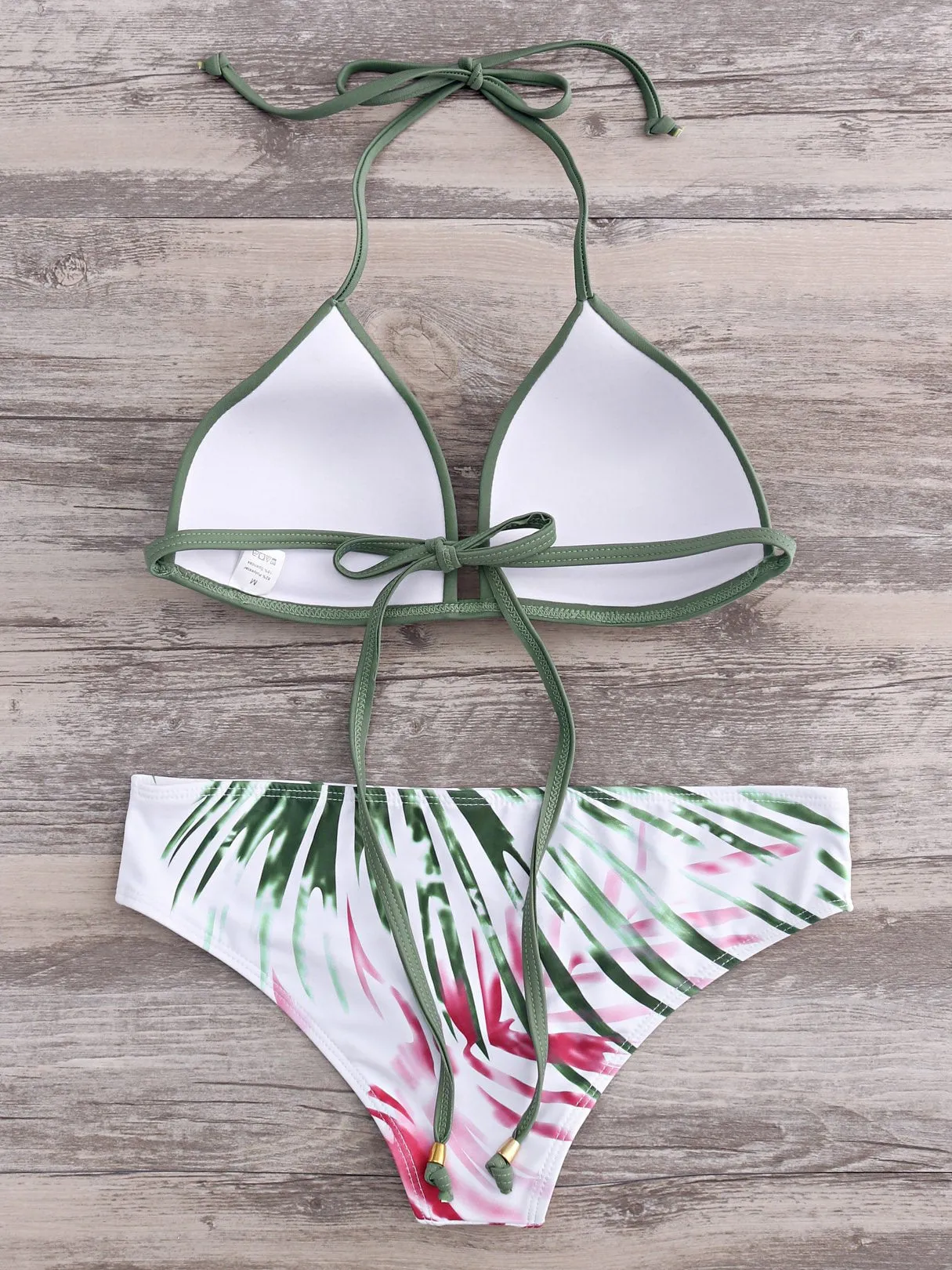 Custom Halter Floral Print Tie-Up Sleeveless Army Green Bikini Set
