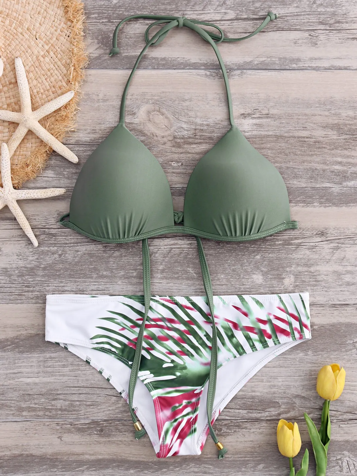 Custom Halter Floral Print Tie-Up Sleeveless Army Green Bikini Set