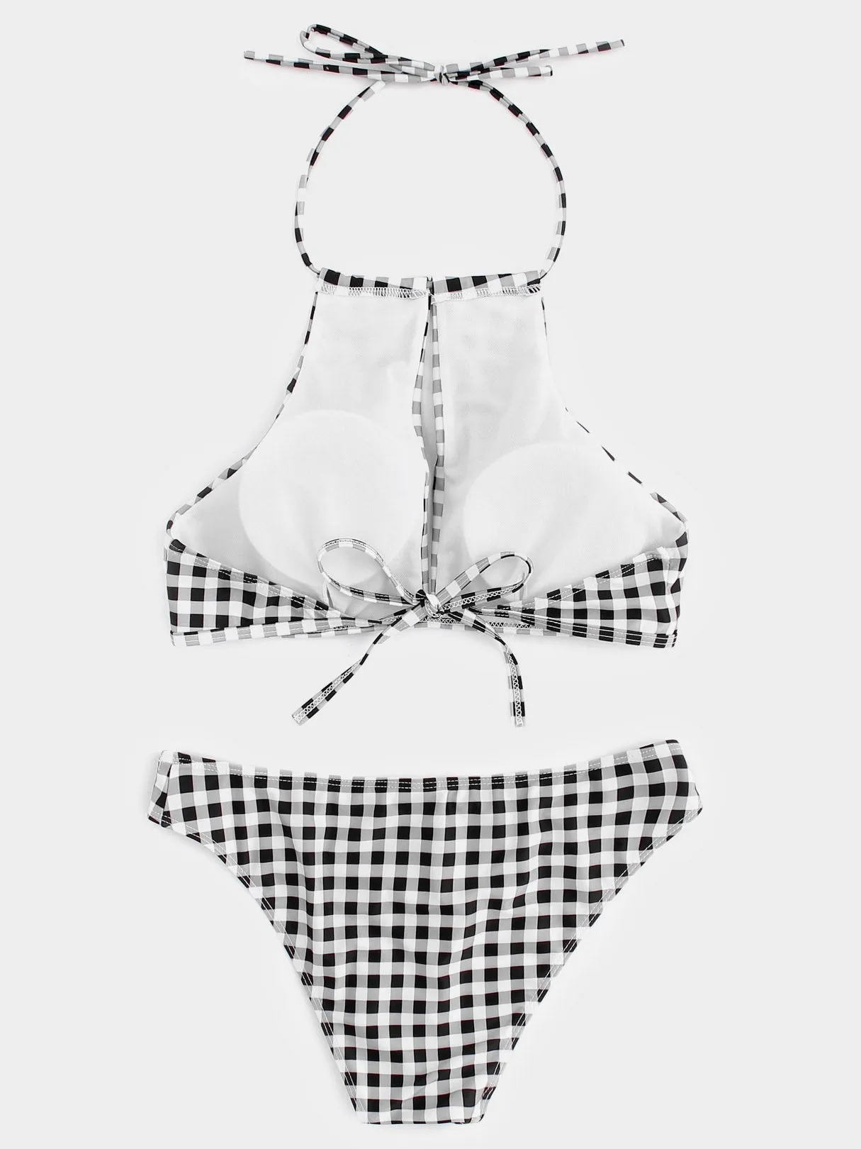 Custom Halter Grid Cut Out Spaghetti Strap Self-Tie Sleeveless White Bikinis