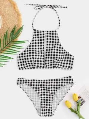 Custom Halter Grid Cut Out Spaghetti Strap Self-Tie Sleeveless White Bikinis
