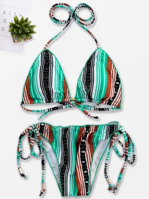 Custom Halter Stripe Self-Tie Sleeveless Bikini Set