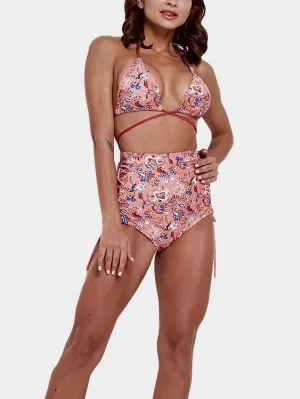 Custom Halter V-Neck Floral Print Criss-Cross Tie-Up Sleeveless High-Waisted Pink Bikini Set