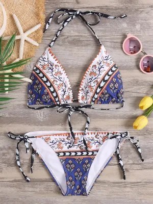 Custom Halter V-Neck Floral Print Tie-Up Sleeveless Bikini Set