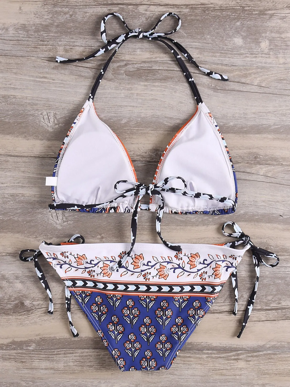 Custom Halter V-Neck Floral Print Tie-Up Sleeveless Bikini Set