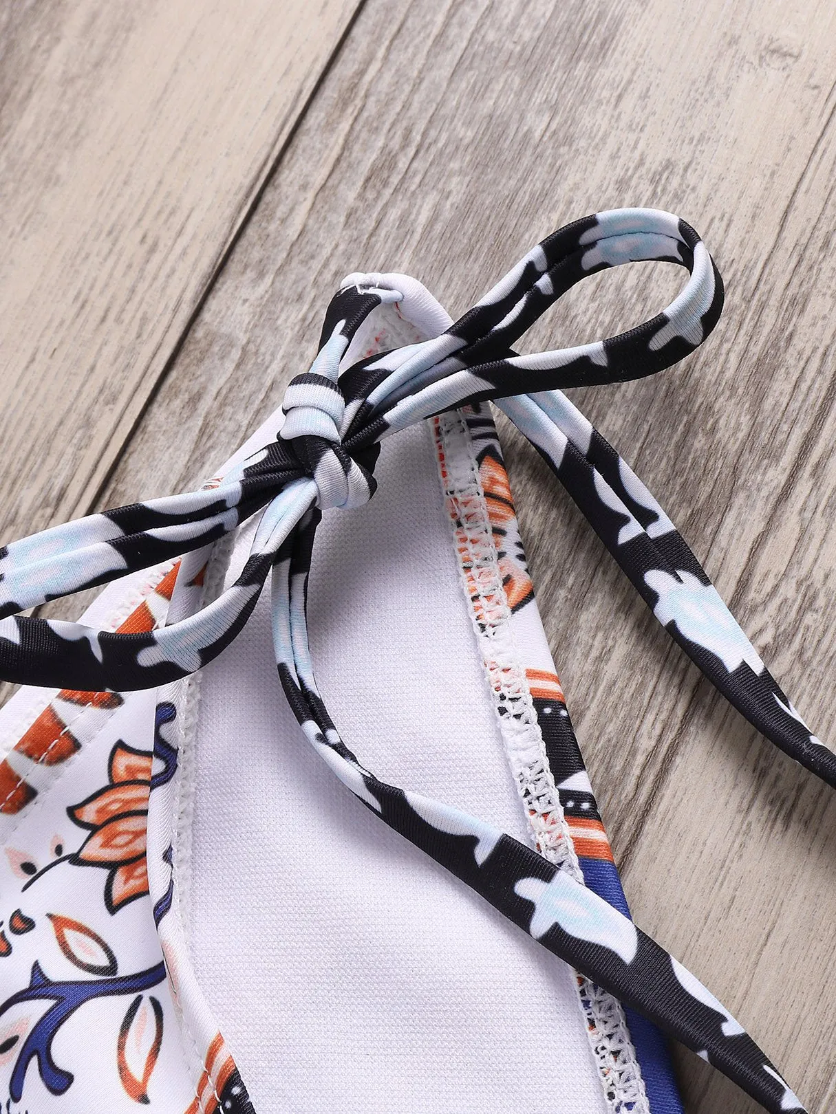 Custom Halter V-Neck Floral Print Tie-Up Sleeveless Bikini Set