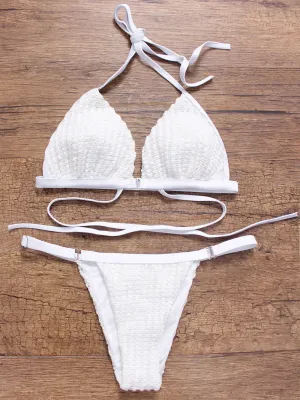 Custom Halter V-Neck Plain Lace-Up Metallic Buckle Sleeveless White Bikinis