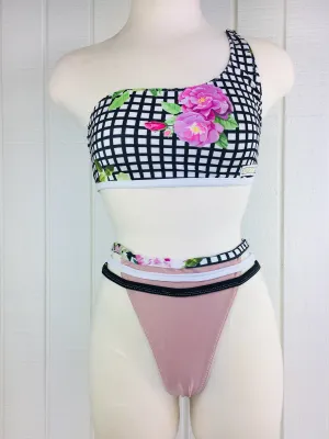 Custom One Shoulder Plunge Bralette/ Highwaisted Bikini(NO Cheeky)  (choose any fabric swatch)