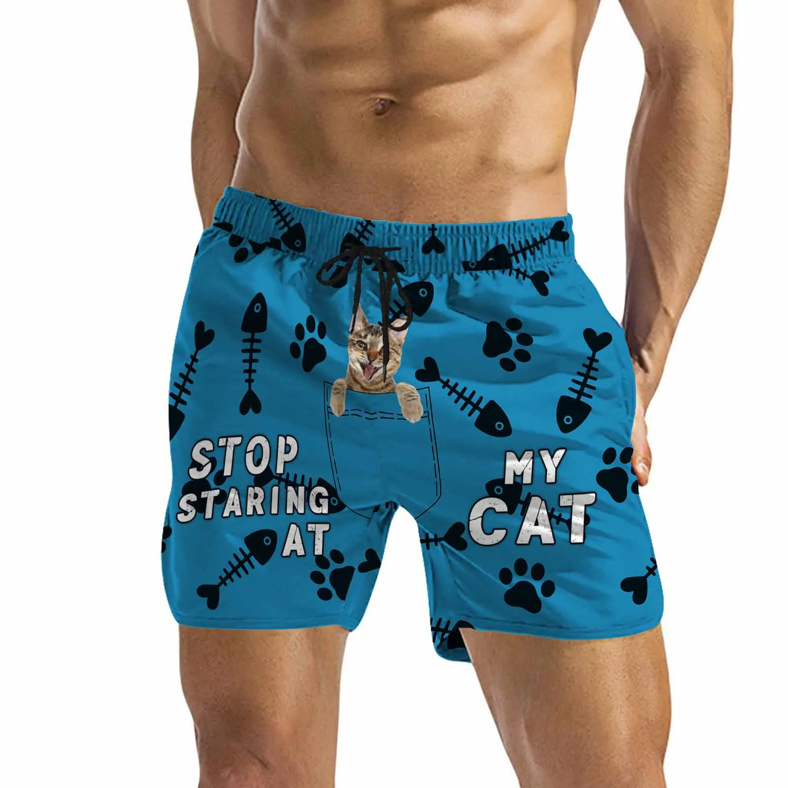 Custom Pet Face Swim Trunks Design Pocket Cat Men's Quick Dry Swim Shorts with Cat's Picture