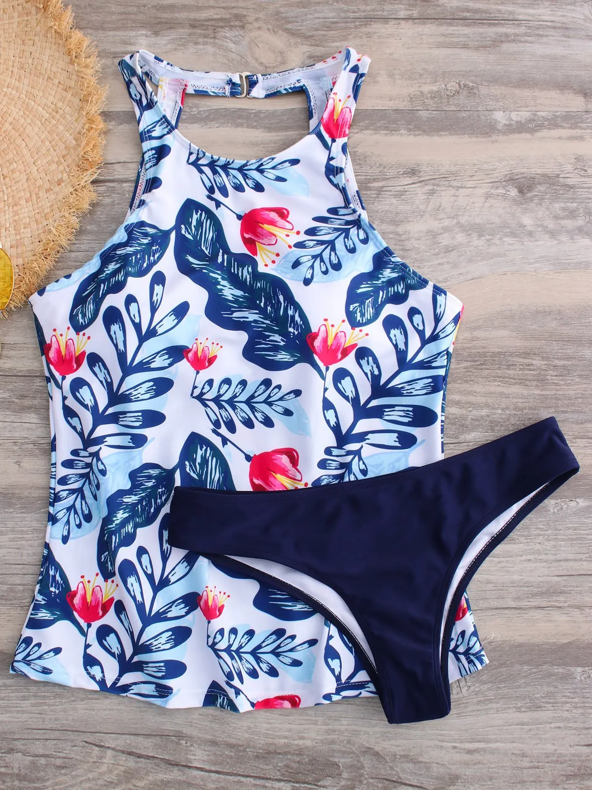 Custom Round Neck Halter Floral Print Backless Sleeveless Tankinis