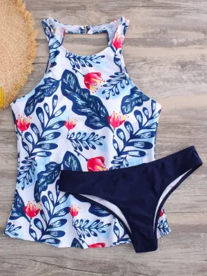Custom Round Neck Halter Floral Print Backless Sleeveless Tankinis
