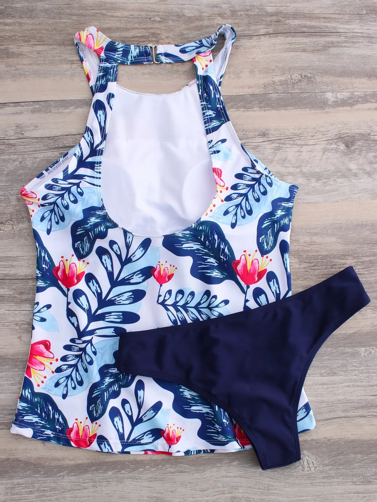 Custom Round Neck Halter Floral Print Backless Sleeveless Tankinis
