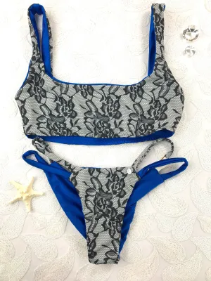 Custom Royal Blue Grey Floral Plunge Neck 4:1 Flip It Reversible Bikini (Emily Hayden)