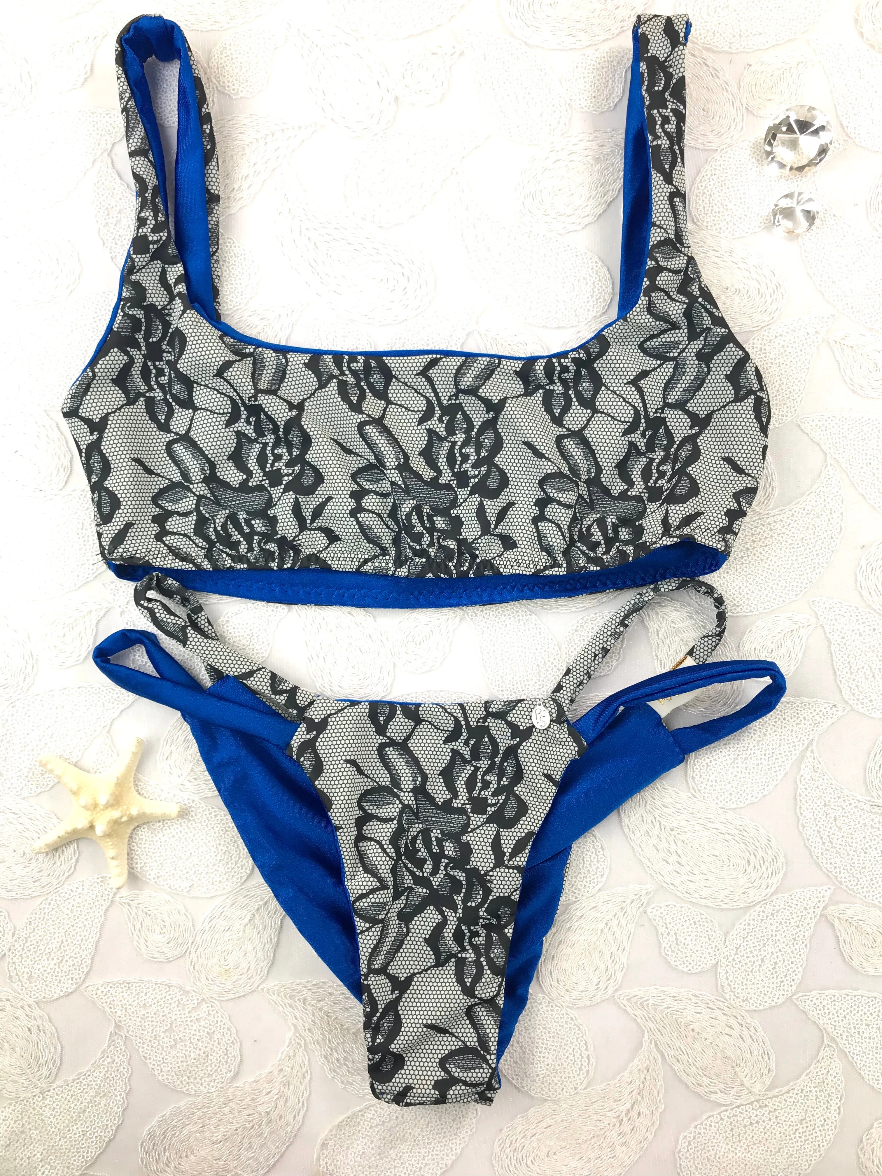 Custom Royal Blue Grey Floral Plunge Neck 4:1 Flip It Reversible Bikini (Emily Hayden)