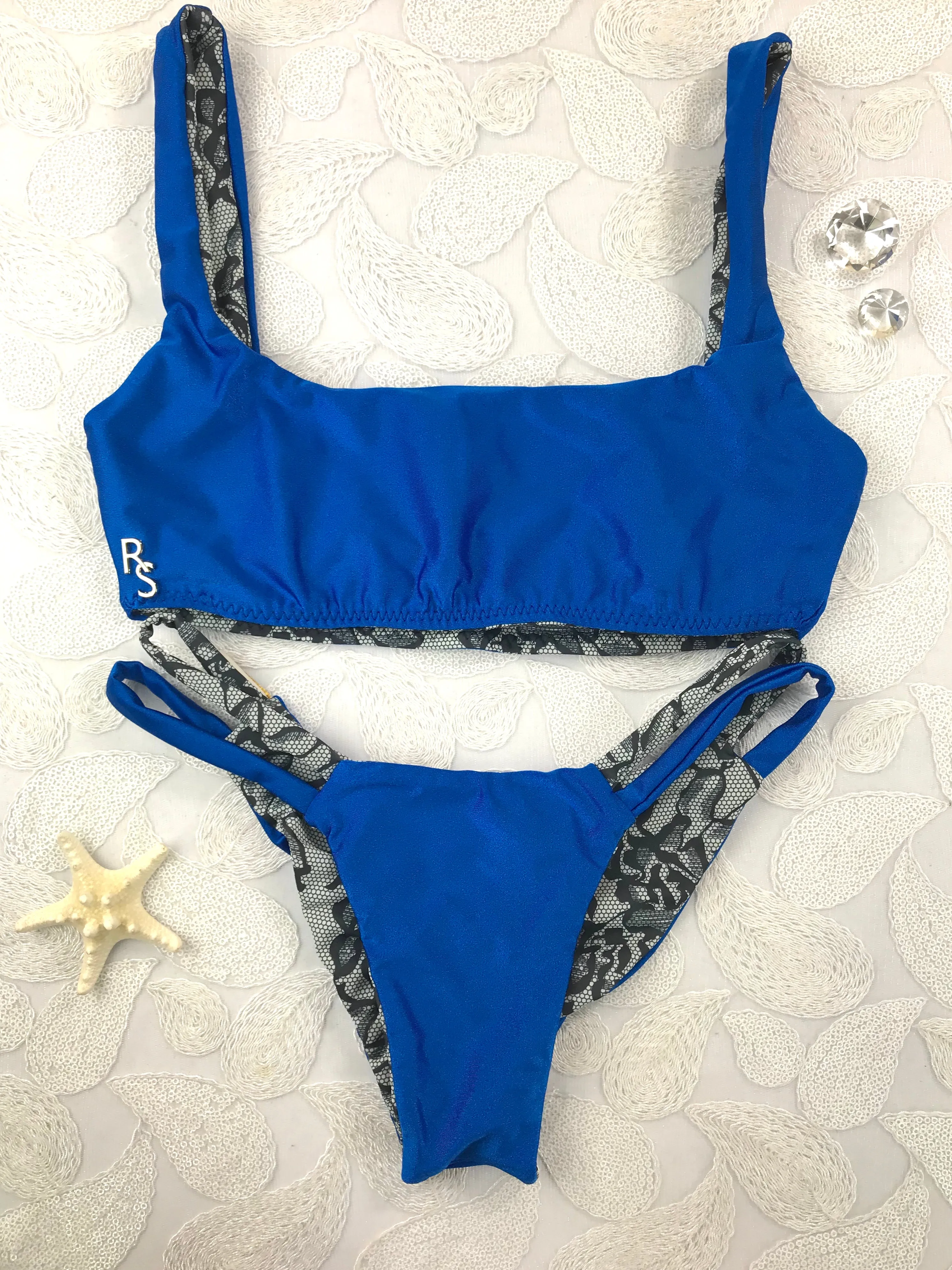 Custom Royal Blue Grey Floral Plunge Neck 4:1 Flip It Reversible Bikini (Emily Hayden)