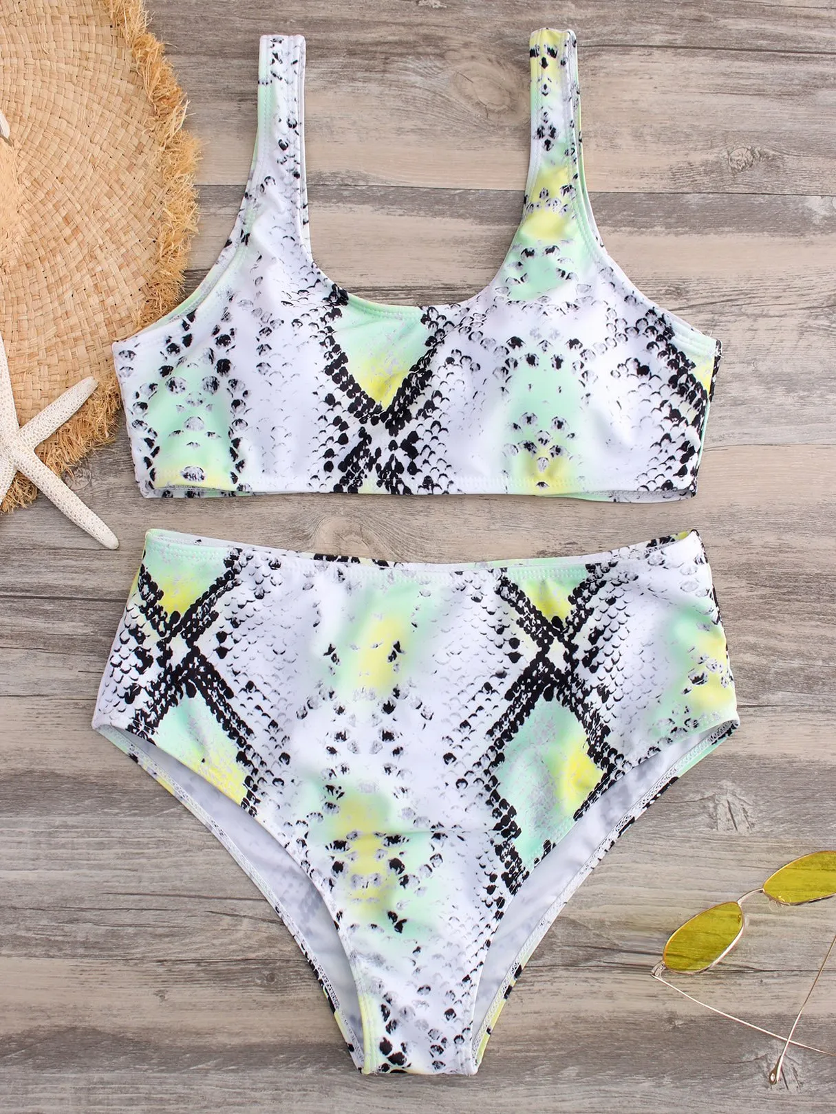 Custom Scoop Neck Snake Sleeveless High-Waisted Bikini Set
