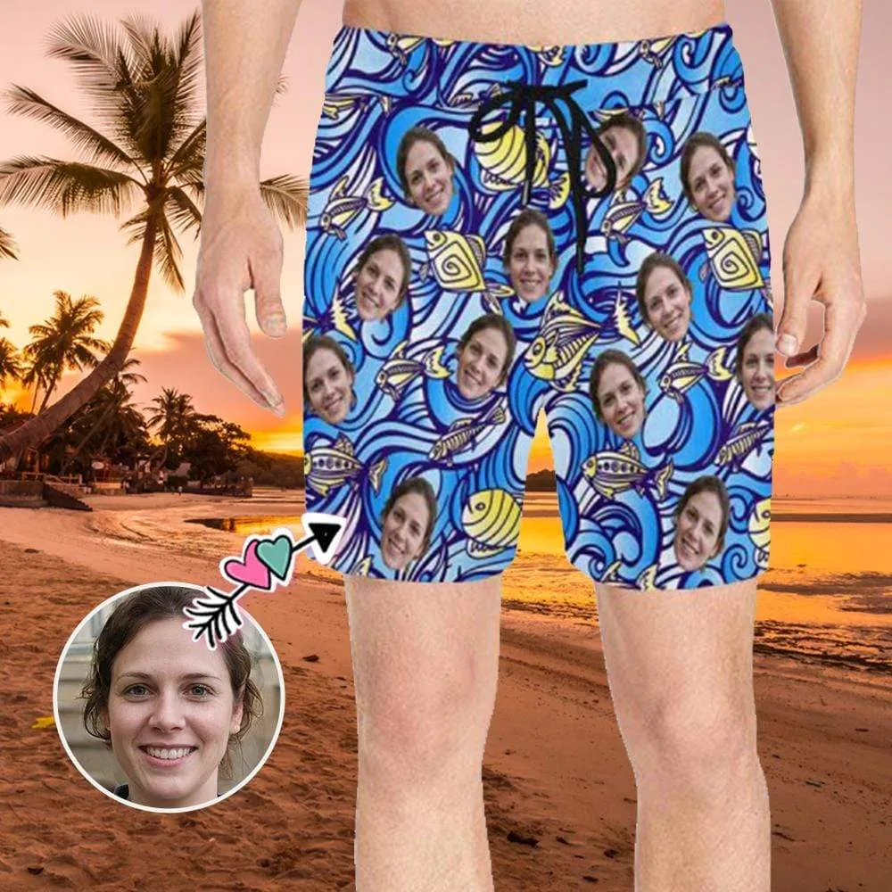 Custom Swimming Trunks with Personalized Face Ocean Fish Men's Quick Dry Swim Shorts for Holiday