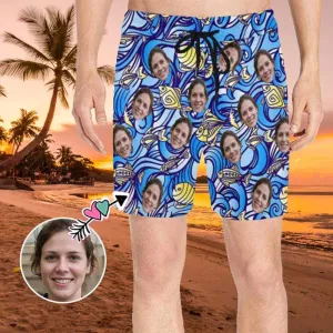 Custom Swimming Trunks with Personalized Face Ocean Fish Men's Quick Dry Swim Shorts for Holiday