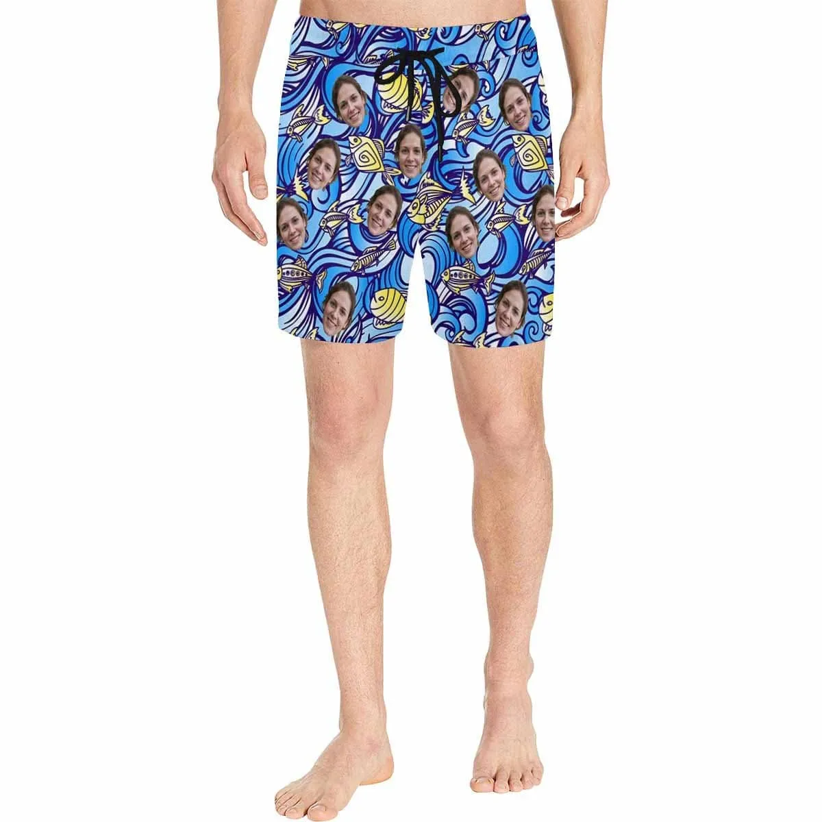 Custom Swimming Trunks with Personalized Face Ocean Fish Men's Quick Dry Swim Shorts for Holiday