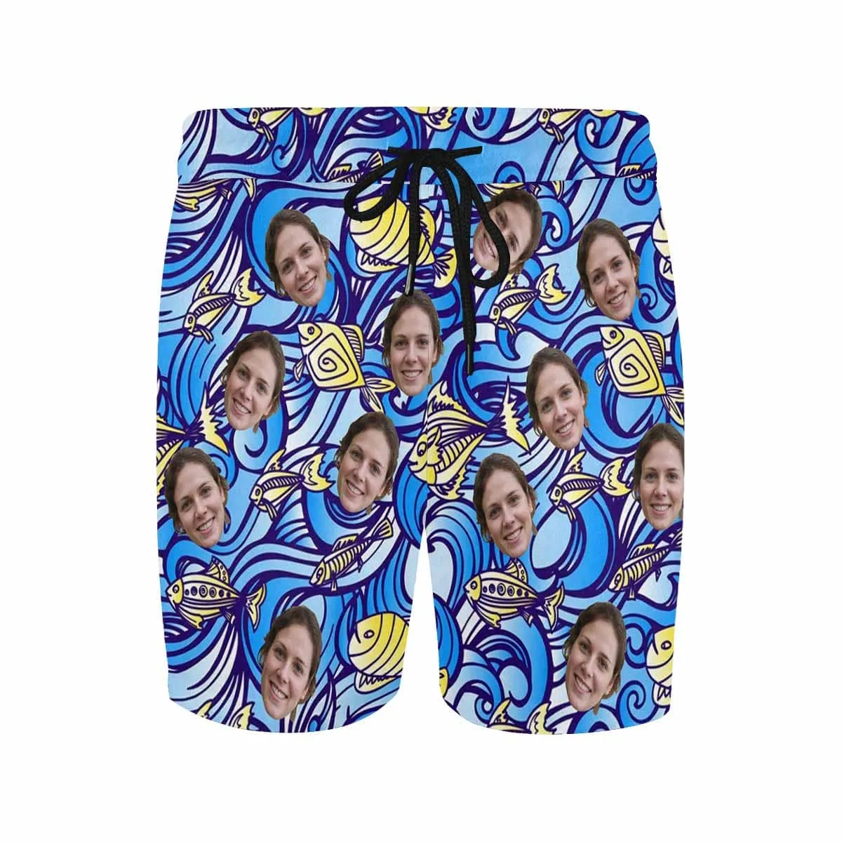 Custom Swimming Trunks with Personalized Face Ocean Fish Men's Quick Dry Swim Shorts for Holiday