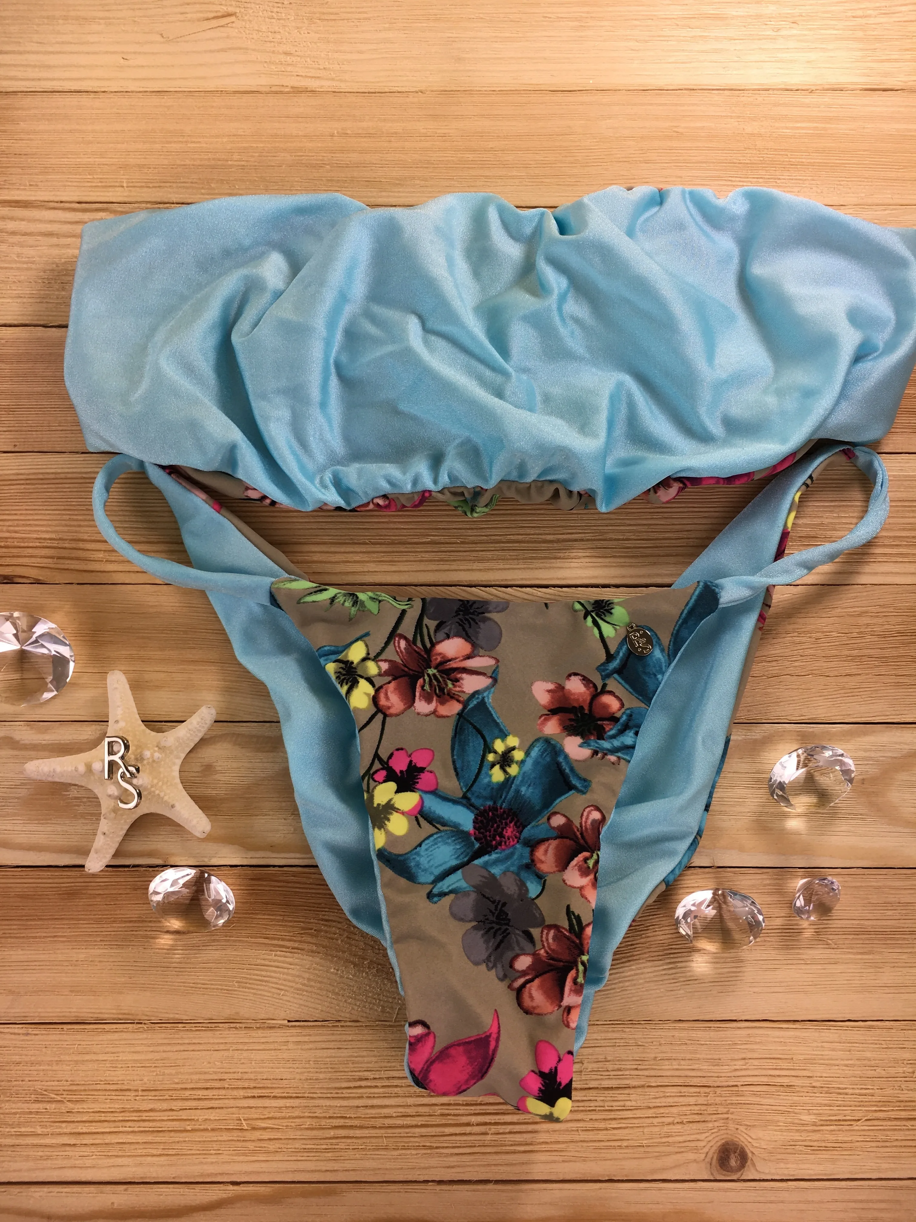 Custom Tan Light Blue Floral Seamless Strapless 4:1 Reversible Bikini