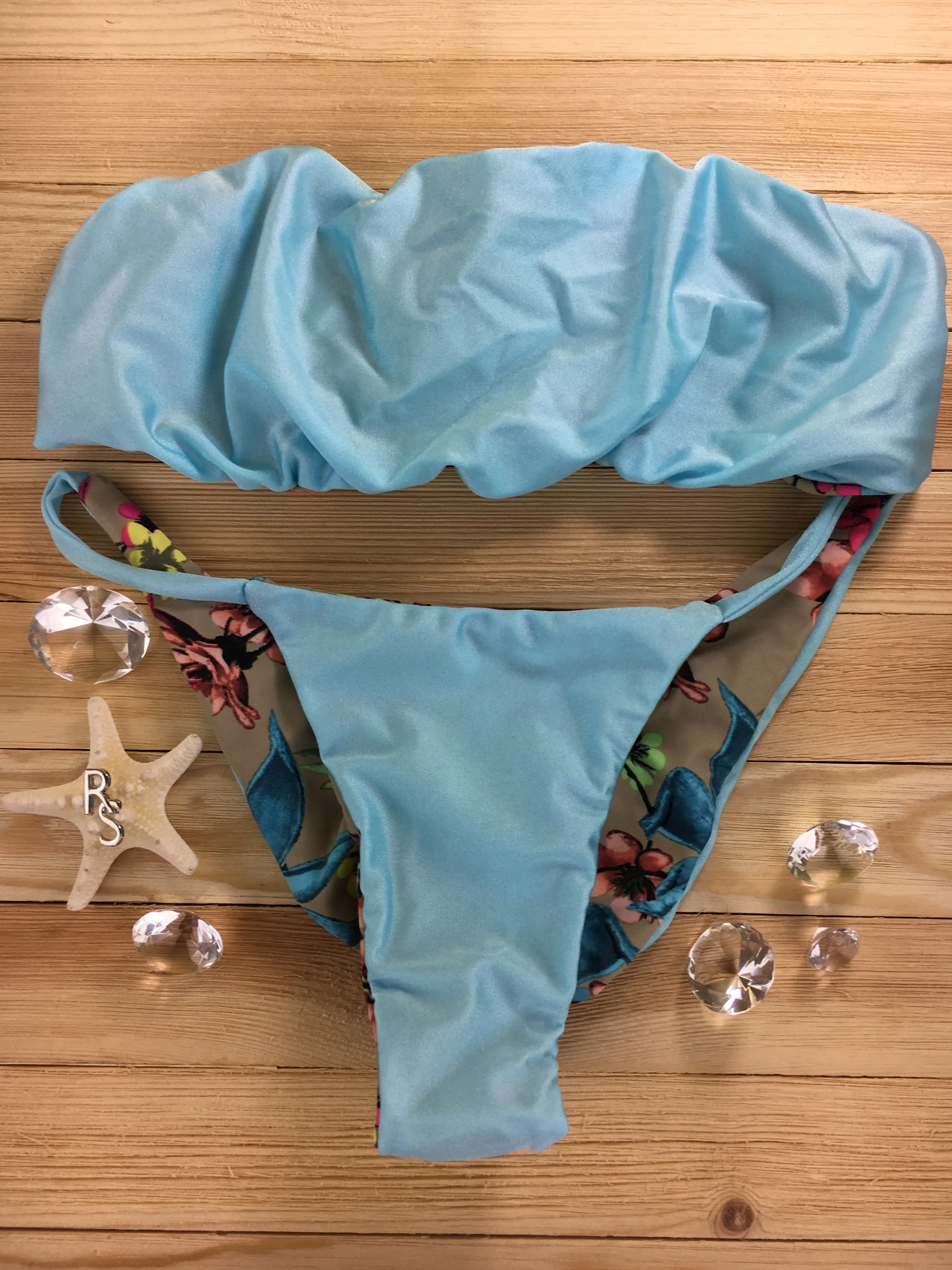 Custom Tan Light Blue Floral Seamless Strapless 4:1 Reversible Bikini