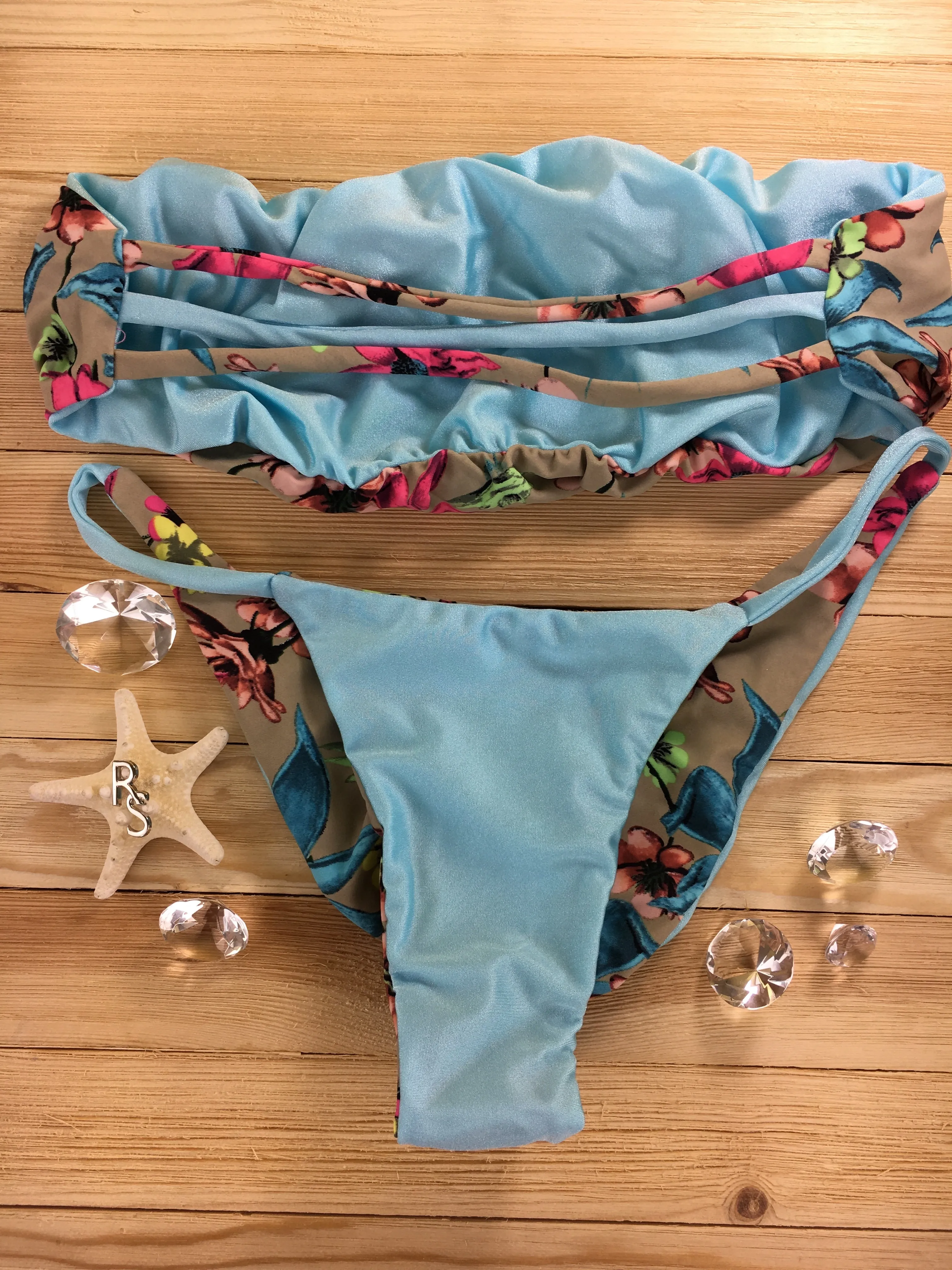 Custom Tan Light Blue Floral Seamless Strapless 4:1 Reversible Bikini