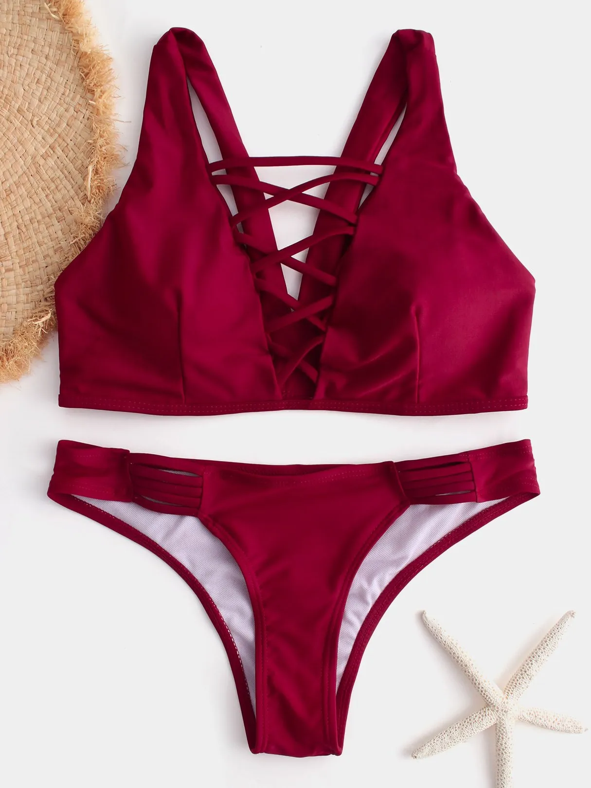 Custom V-Neck Backless Criss-Cross Sleeveless Burgundy Bikinis