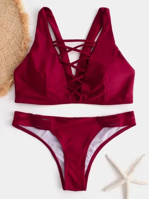 Custom V-Neck Backless Criss-Cross Sleeveless Burgundy Bikinis