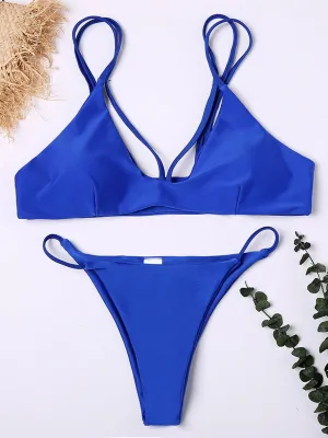 Custom V-Neck Plain Sleeveless Bodycon Hem Royalblue Bikini Set