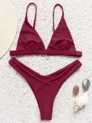 Custom V-Neck Plain Sleeveless Burgundy Bikini Set