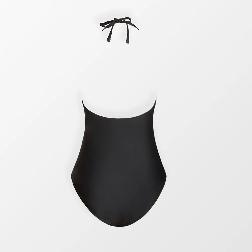 Cut Out Halter One-Piece Swimsuit Black Floral Sexy Backless Monokini Swimwear Bathing Suit Beachwear