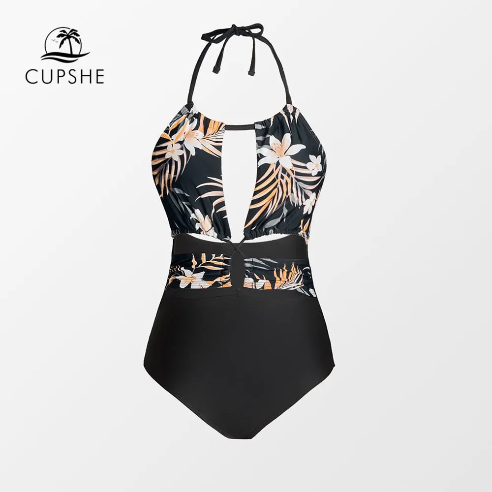 Cut Out Halter One-Piece Swimsuit Black Floral Sexy Backless Monokini Swimwear Bathing Suit Beachwear
