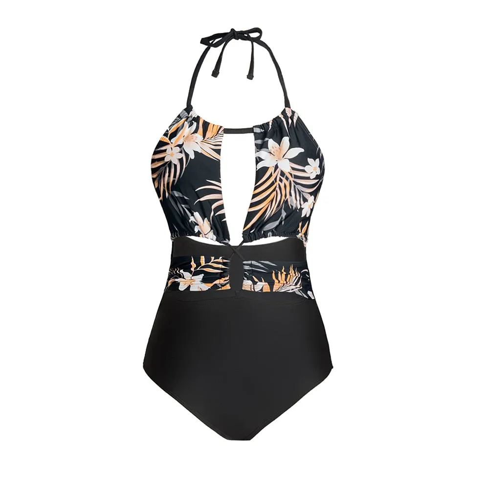 Cut Out Halter One-Piece Swimsuit Black Floral Sexy Backless Monokini Swimwear Bathing Suit Beachwear