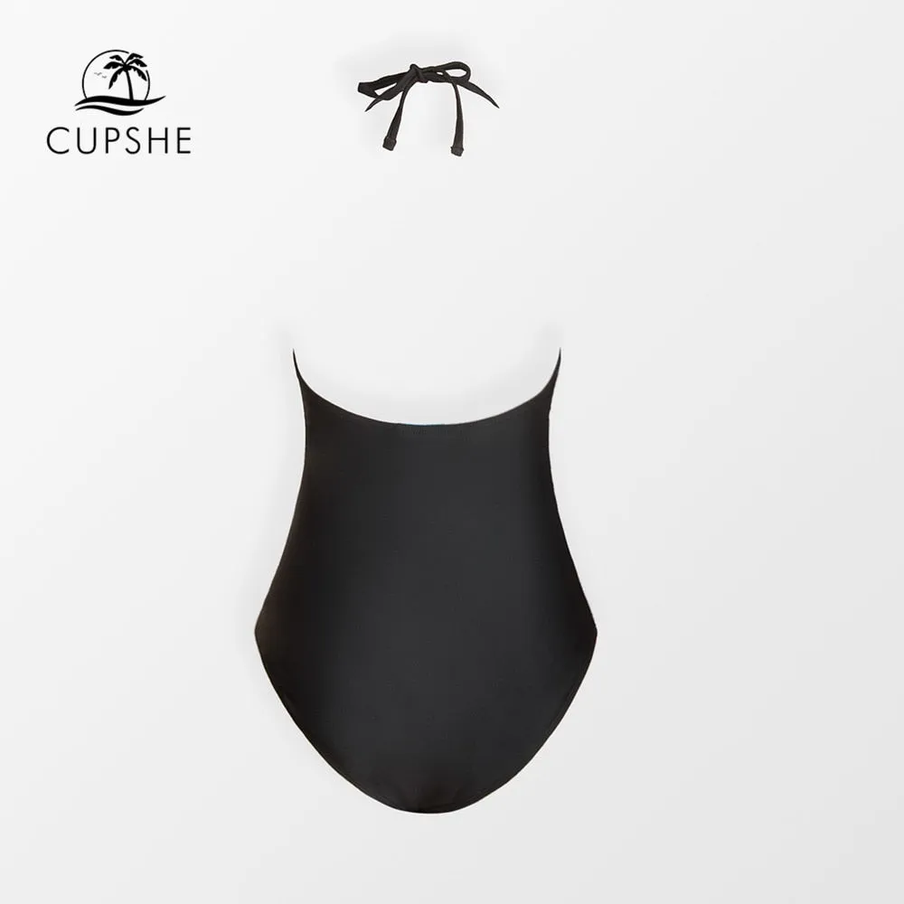 Cut Out Halter One-Piece Swimsuit Black Floral Sexy Backless Monokini Swimwear Bathing Suit Beachwear
