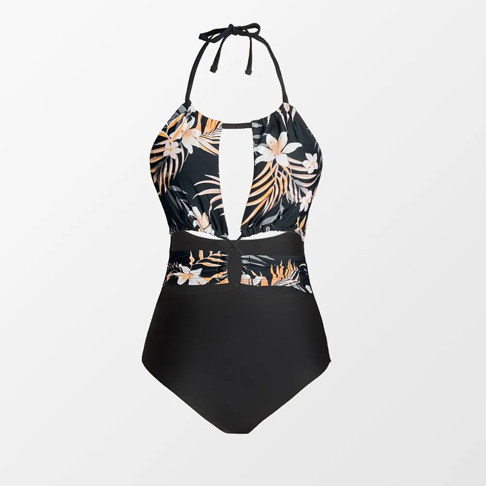 Cut Out Halter One-Piece Swimsuit Black Floral Sexy Backless Monokini Swimwear Bathing Suit Beachwear