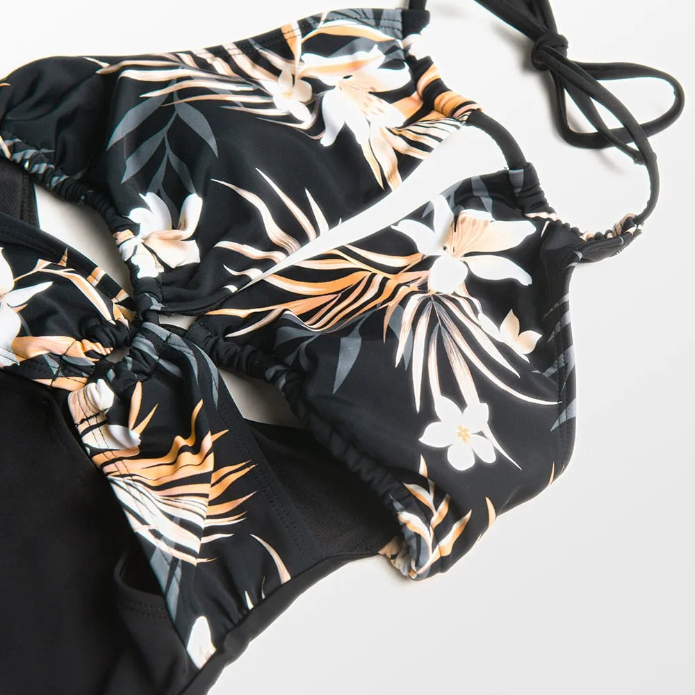 Cut Out Halter One-Piece Swimsuit Black Floral Sexy Backless Monokini Swimwear Bathing Suit Beachwear