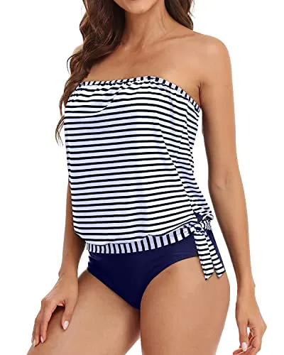 Cute And Sexy Two Piece Bandeau Tankini Swimsuits For Women-Blue White Stripe
