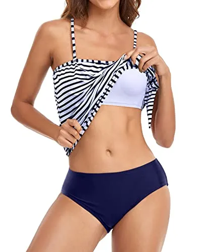 Cute And Sexy Two Piece Bandeau Tankini Swimsuits For Women-Blue White Stripe