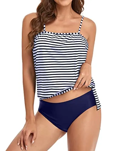 Cute And Sexy Two Piece Bandeau Tankini Swimsuits For Women-Blue White Stripe
