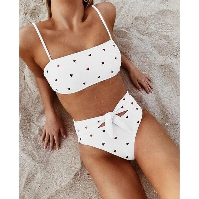 Cute Strappy Heart Print High Rise Triangle Bikinis