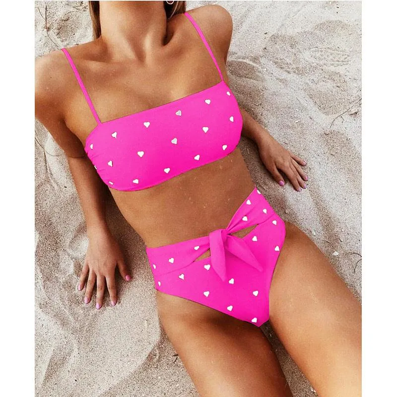 Cute Strappy Heart Print High Rise Triangle Bikinis