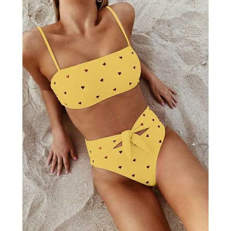 Cute Strappy Heart Print High Rise Triangle Bikinis