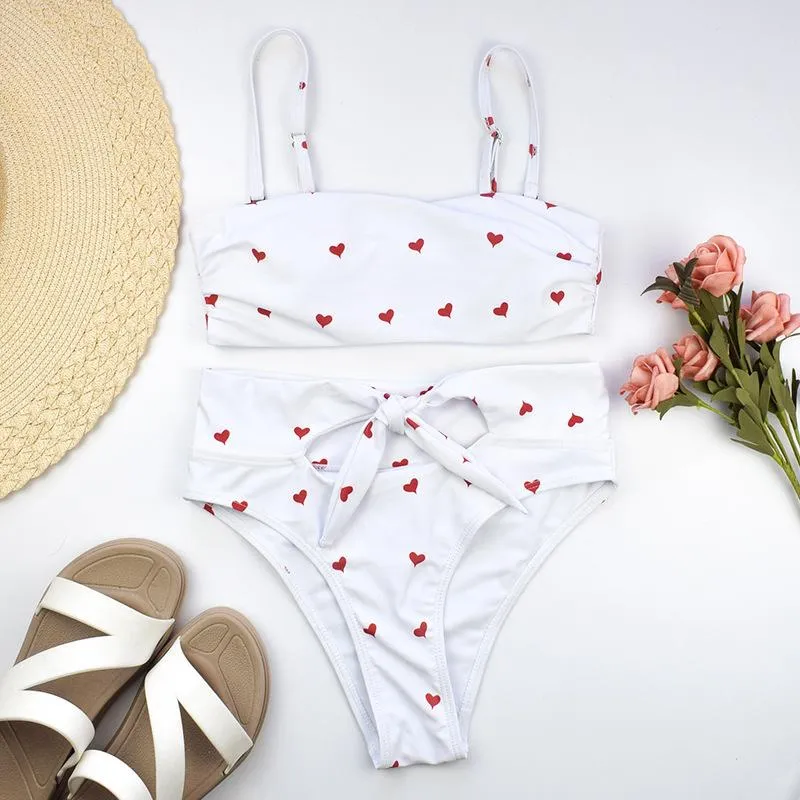 Cute Strappy Heart Print High Rise Triangle Bikinis