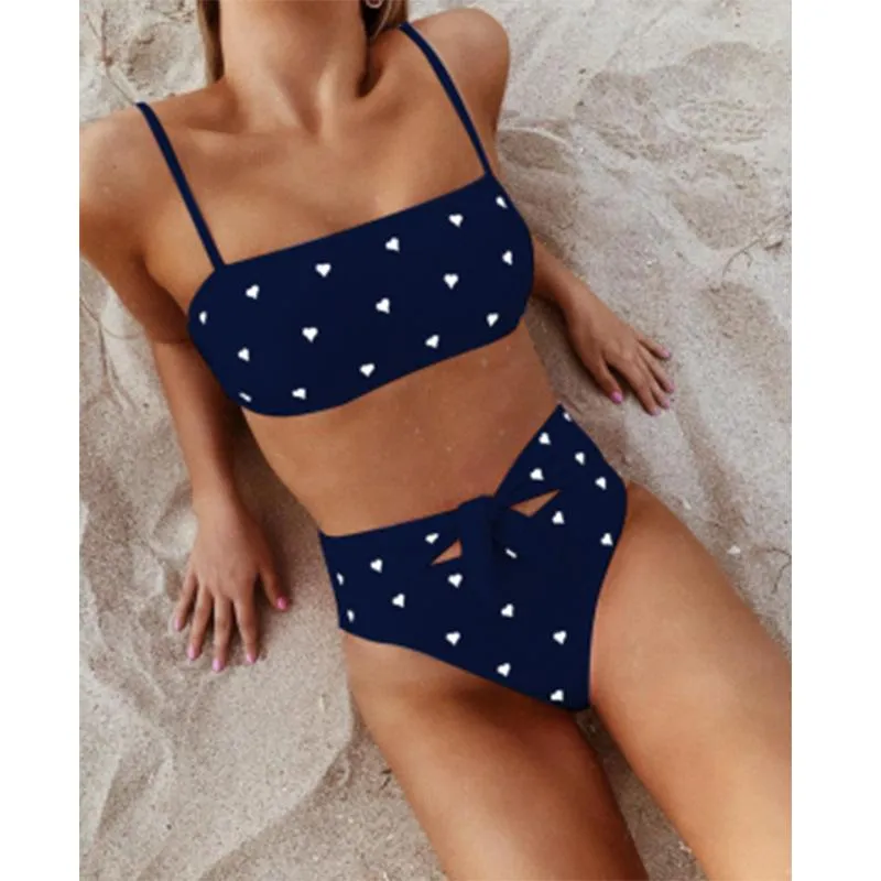 Cute Strappy Heart Print High Rise Triangle Bikinis