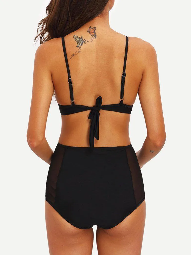 Cutout Mesh Panel High Waist Bikini Set