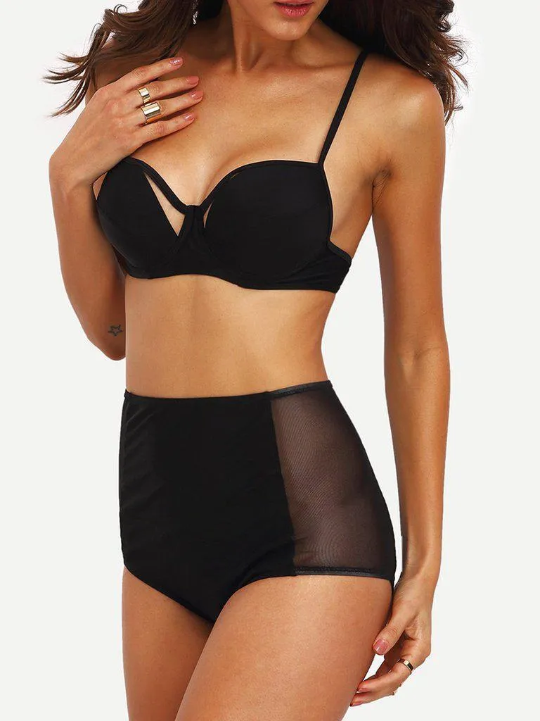 Cutout Mesh Panel High Waist Bikini Set