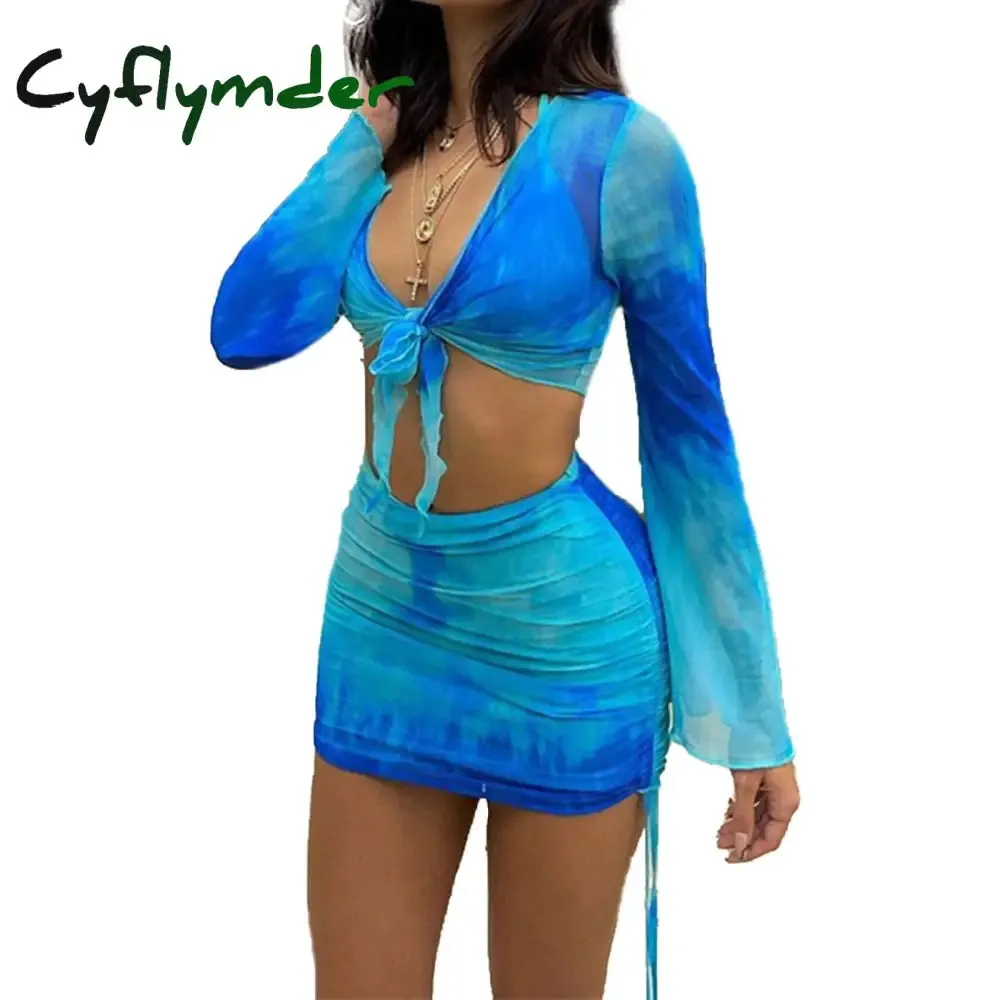 Cyflymder Summer Mesh Long Sleeve Crop Top Mini Skirts Two Piece Holiday Matching Set Print Fashion Outfits See Through Y2K Bodycon Skirt
