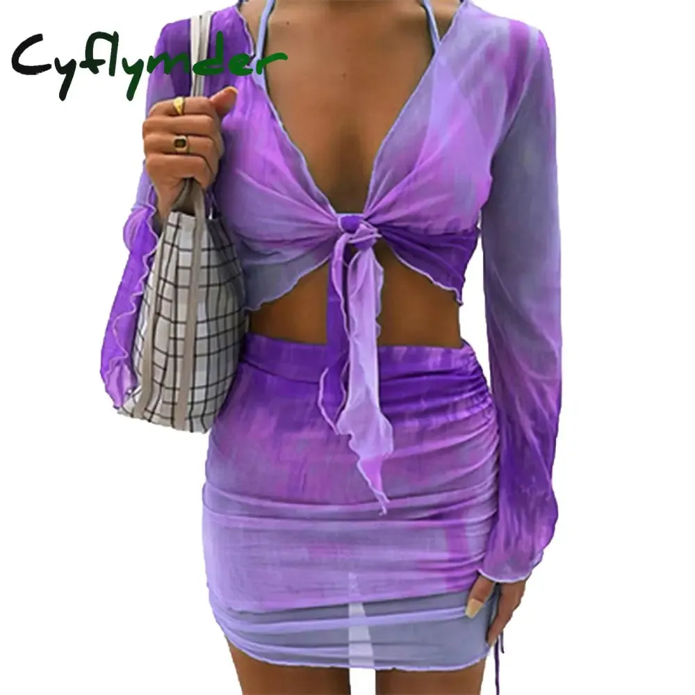 Cyflymder Summer Mesh Long Sleeve Crop Top Mini Skirts Two Piece Holiday Matching Set Print Fashion Outfits See Through Y2K Bodycon Skirt