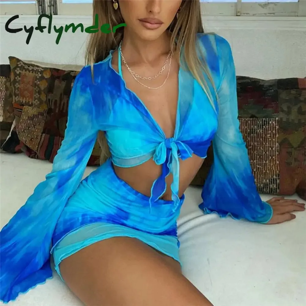 Cyflymder Summer Mesh Long Sleeve Crop Top Mini Skirts Two Piece Holiday Matching Set Print Fashion Outfits See Through Y2K Bodycon Skirt